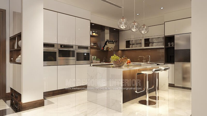 Thiết kế tủ bếp đẹp, ở chính giữa không gian là chiếc bàn đảo tích hợp nhiều công năng như quầy bar, bàn ăn phụ tạo sự tiện nghi trong hoạt động nấu nướng, dùng bữa Thiết kế và sản xuất tủ bếp đẹp