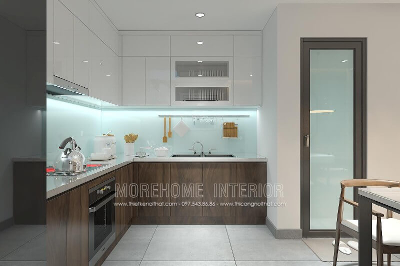 Tủ bếp hiện đại đẹp với sự kết hợp hài hòa của 2 gam màu nâu trầm và trắng tinh tế mang lại sự cuốn hút khó có thể rời mắt Thiết kế và sản xuất tủ bếp đẹp