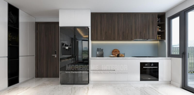 Sự kết hợp hoàn mỹ của 2 tone màu nêu trầm của gỗ Veneer óc chó và màu trắng của gỗ Acrylic đem lại không gian đầy tinh tế và mới lạ cho không gian nội trợ của gia chủ Tủ bếp đẹp, tủ bếp đẹp hiện đại, tủ bếp An Cường, tủ bếp cao cấp