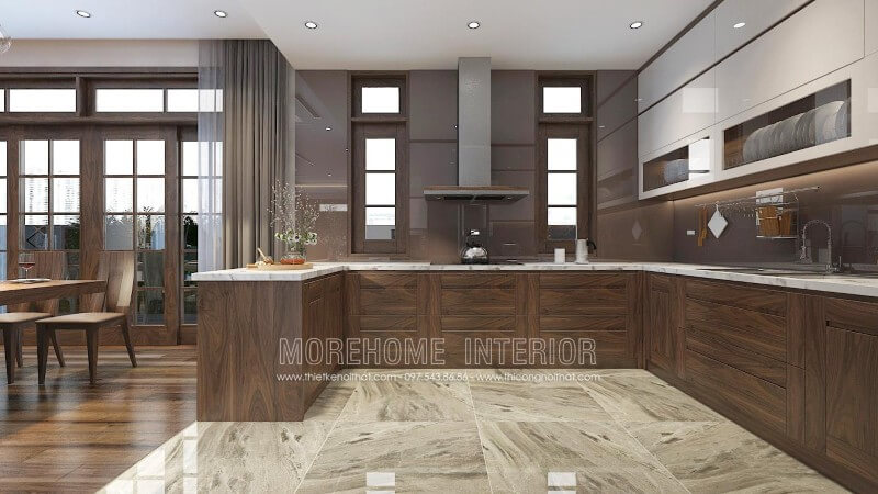 Mẫu tủ bếp màu nâu trầm ấn tượng từ gỗ óc chó, thiết kế liền bàn đảo hiện đại mang lại sự thuận tiện cho gia chủ trong quá trình nấu nướng và bày biện trang trí đồ ăn Tủ bếp đẹp, tủ bếp đẹp hiện đại, tủ bếp An Cường, tủ bếp cao cấp