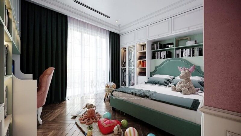 Trang trí nội thất phòng ngủ con gái ấn tượng với bố trí giường ngủ, kệ tủ trang trí khoa học giúp không gian thông thoáng tối đa nhưng vẫn đảm bảo công năng, tính thẩm mỹ. Mẫu nội thất biệt thự đẹp