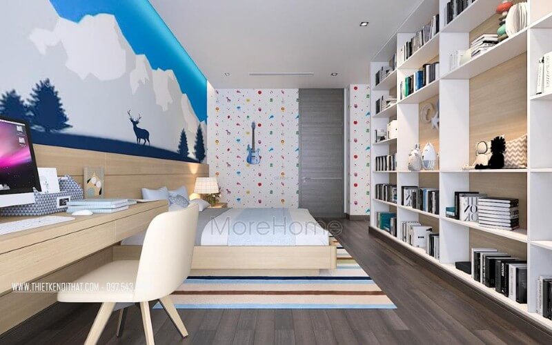 Trang trí nội thất phòng ngủ con đẹp, sinh động với tranh, giấy dán tường bắt mắt. Mẫu nội thất biệt thự đẹp