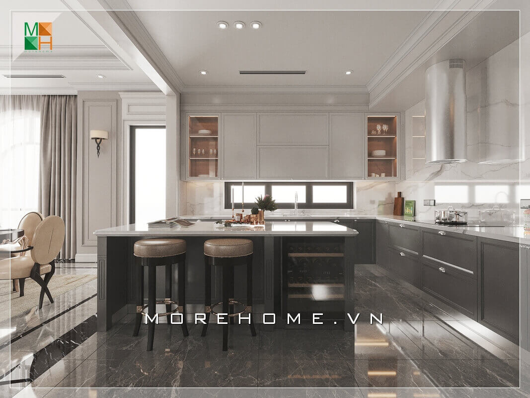 Mẫu tủ bếp hiện đại từ tủ bếp treo tường đến đảo tủ hai ghế tròn bọc da không tựa, tất cả đều thiết kế hoàn hảo biến căn phòng bếp biệt thự trở nên sống động và tiện nghi. Mẫu nội thất biệt thự đẹp