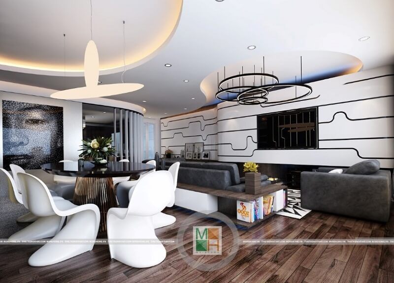 Thiết kế nội thất chung cư Ciputra đẹp với phòng khách sang trọng, lịch sự liền kề với phòng bếp và khu bàn ăn.