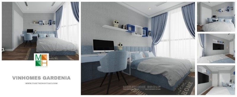 Trong cách trang trí phòng ngủ của bé trai, bạn có thể sử dụng tone màu xanh nhẹ nhàng làm điểm nhấn từ bộ giường bọc nệm, rèm cửa, ô kệ trang trí hay ngay cả ghế ngồi.