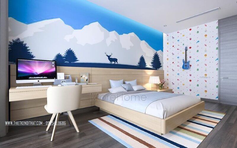Giường ngủ gỗ sồi hiện đại cùng gỗ ốp đầu giường gam sáng màu tạo nên vẻ đẹp trẻ trung, độc đáo cho phòng ngủ con hiện đại.