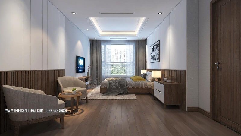 Để giúp cho gia chủ và khách có thể trò chuyện riêng tư thoải mái, thiết kế phòng ngủ đầy đủ tiện nghi thêm một bộ bàn ghế bằng nỉ cao cấp.