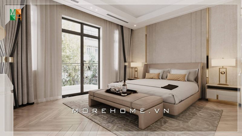Mẫu thiết kế phòng ngủ được trang bị đầu giường đẹp mắt với nệm màu xám và viền inox vàng sang trọng, cao cấp.